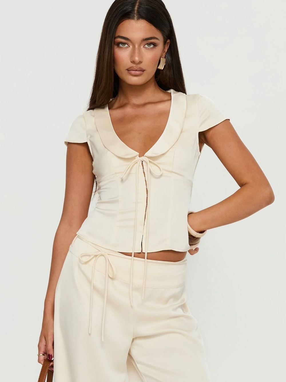 Princess Polly Aubrette Satin Collar Top Cream